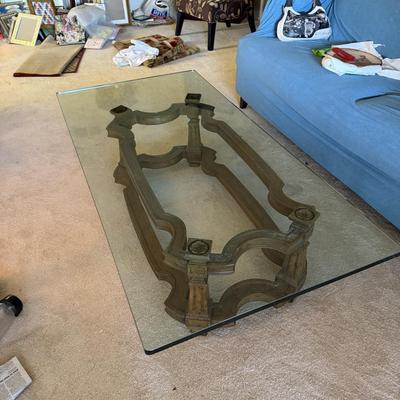 Vintage Glass Top Coffee Table with Double "X" Stretcher Base