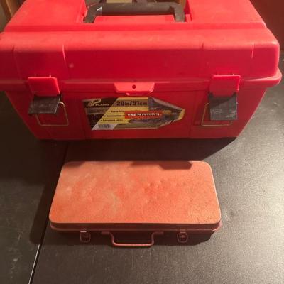Red toolbox with random Hardware and socket set that is missing a 6 inch extension bar