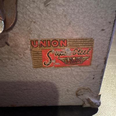 Two vintage metal toolboxes one has tools in it