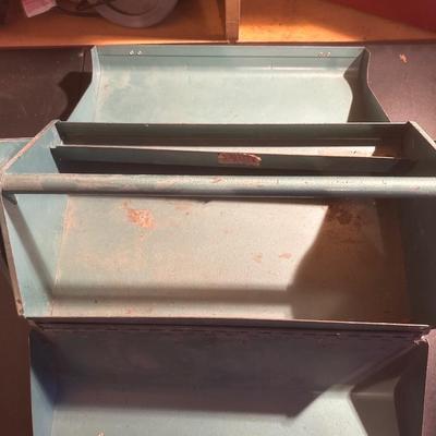 Two vintage metal toolboxes one has tools in it