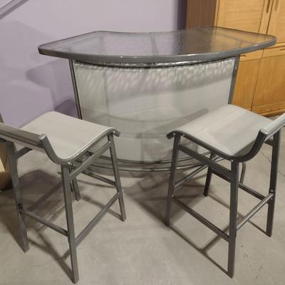 3-Pc Metal Base with Glass Top Patio Pub Bar with Two Chairs
