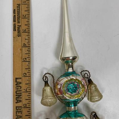 Victorian Mercury Glass Christmas Tree Topper with Bells hung from tinsel wire Germany pink turquoise silver 15"