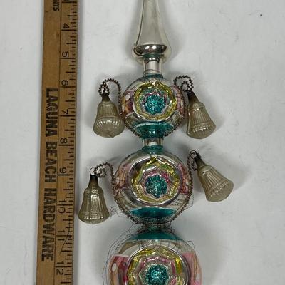 Victorian Mercury Glass Christmas Tree Topper with Bells hung from tinsel wire Germany pink turquoise silver 15"