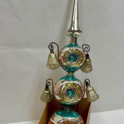 Victorian Mercury Glass Christmas Tree Topper with Bells hung from tinsel wire Germany pink turquoise silver 15"