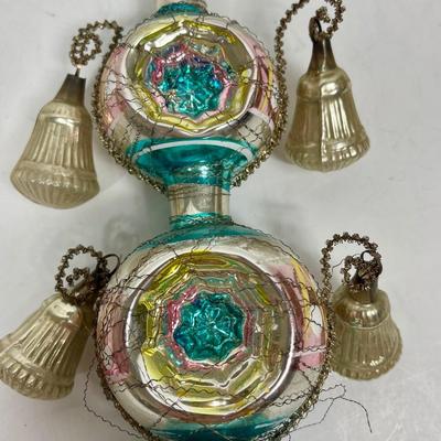 Victorian Mercury Glass Christmas Tree Topper with Bells hung from tinsel wire Germany pink turquoise silver 15"