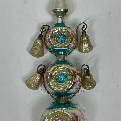 Victorian Mercury Glass Christmas Tree Topper with Bells hung from tinsel wire Germany pink turquoise silver 15"