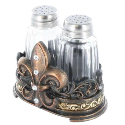 Fleur De Lis Salt & Pepper Shakers - Poly-resin Holder With Glass Shakers