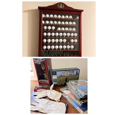 Golf Lot - Display Cabinet, Tiger Woods Collector Series Balls, etc.