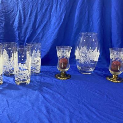 AVON’S LUMINARC WINTER SLEIGH RIDE VASE AND TUMBLERS