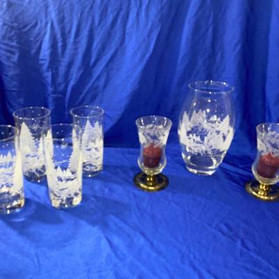 AVON’S LUMINARC WINTER SLEIGH RIDE VASE AND TUMBLERS