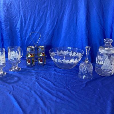 AVONS HOLIDAY LUMINARC WINTER SLEIGH RIDE GLASS AND SANTA SALT AND PEPPER SHAKERS