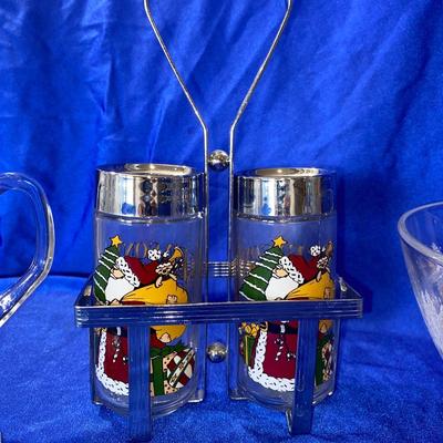 AVONS HOLIDAY LUMINARC WINTER SLEIGH RIDE GLASS AND SANTA SALT AND PEPPER SHAKERS