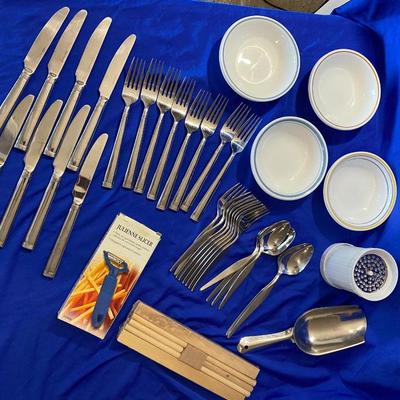 NORITAKE FLATWARE, FARBERWARE FLATWARE, SMALL CORELLE ICE CREAM BOWLS AND MORE
