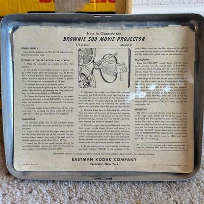 KODAK BROWNIE 500 MOVIE PROJECTOR SUPER 8 W/VARIOUS MOVIES PLUS A PROJECTOR SCREEN