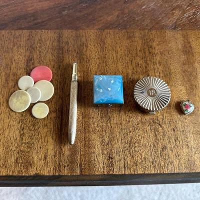 2 PILL CASES, CHIPS, HEART LOCKET AND A PEN