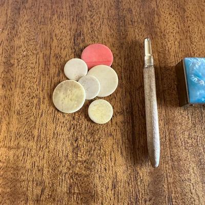 2 PILL CASES, CHIPS, HEART LOCKET AND A PEN