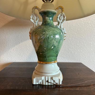 ANTIQUE NEWEL POST PARLOR TABLE AND A FRENCH VICTORIAN LAMP