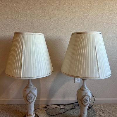 2 WHITE GLASS BRASS TABLE LAMPS