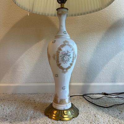 2 WHITE GLASS BRASS TABLE LAMPS