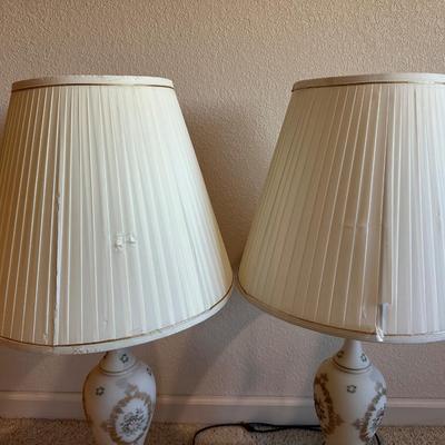 2 WHITE GLASS BRASS TABLE LAMPS
