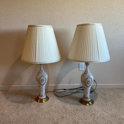 2 WHITE GLASS BRASS TABLE LAMPS