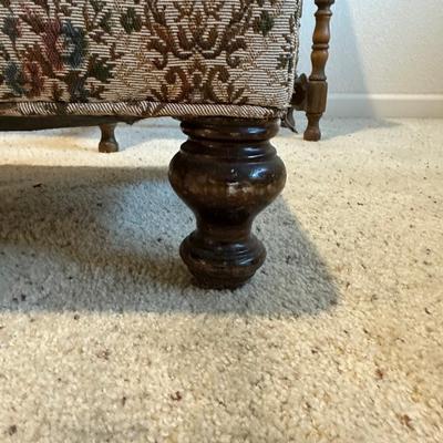 ANTIQUE SIDE TABLE, OIL LAMP AND UPHOLSTERED OTTOMAN