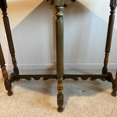 ANTIQUE SIDE TABLE, OIL LAMP AND UPHOLSTERED OTTOMAN