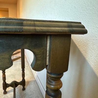 ANTIQUE SIDE TABLE, OIL LAMP AND UPHOLSTERED OTTOMAN