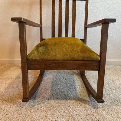 ANTIQUE ROCKING CHAIR WITH VELVET UPHOLSTERED SEAT
