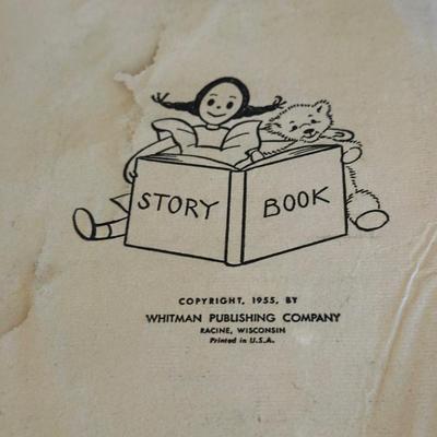 CHILD'S ROCKING CHAIR, EMPTY BOX FOR JOHN DEERE TOY COMBINE AND 1944 BEDTIME STORIES