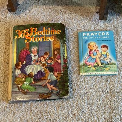 CHILD'S ROCKING CHAIR, EMPTY BOX FOR JOHN DEERE TOY COMBINE AND 1944 BEDTIME STORIES