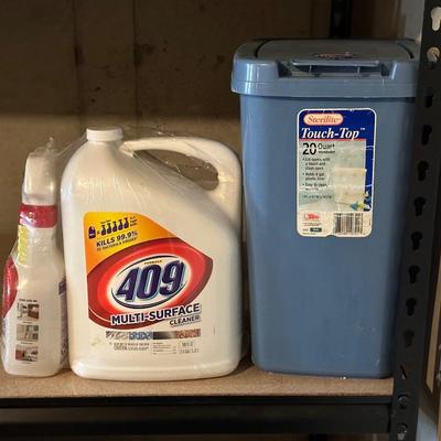 FULL OR NEARLY FULL CLEANING PRODUCTS & A SMALLER TRASH CAN