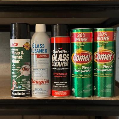 FULL OR NEARLY FULL CLEANING PRODUCTS & A SMALLER TRASH CAN