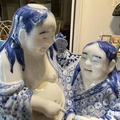 Vintage Chinese Blue & White Immortal Hehe Porcelain Figurine 10.75" Tall & 8" Wide in VG Preowned Condition from an...