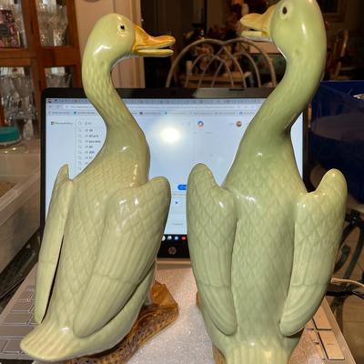 VERY RARE PAIR OF ASIAN CELADON-GLAZED FIGURES OF DUCKS 12" TALL IN VERY GOOD PREOWNED CONDITION.