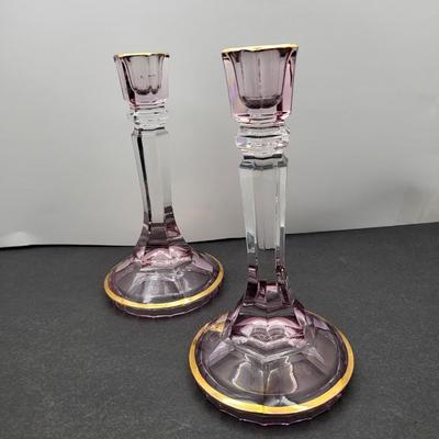 Vintage 8.5" Tall Gold Trim Lavender Candlestick Holders