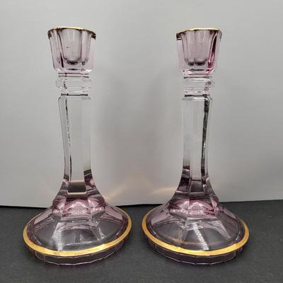 Vintage 8.5" Tall Gold Trim Lavender Candlestick Holders
