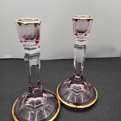 Vintage 8.5" Tall Gold Trim Lavender Candlestick Holders