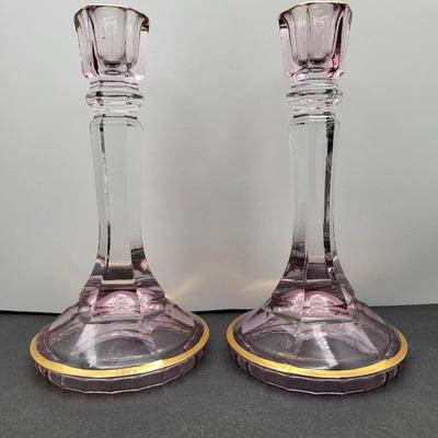 Vintage 8.5" Tall Gold Trim Lavender Candlestick Holders