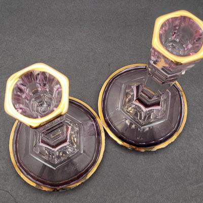 Vintage 8.5" Tall Gold Trim Lavender Candlestick Holders