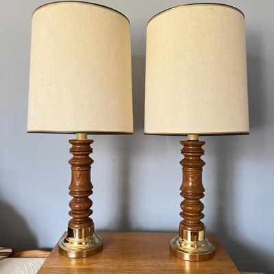 2 Wood Base Vintage Table Lamps