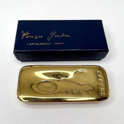 Vintage 1970s MONIQUE GERBER Bronze Fake Gold Bar Paperweight