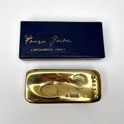 Vintage 1970s MONIQUE GERBER Bronze Fake Gold Bar Paperweight