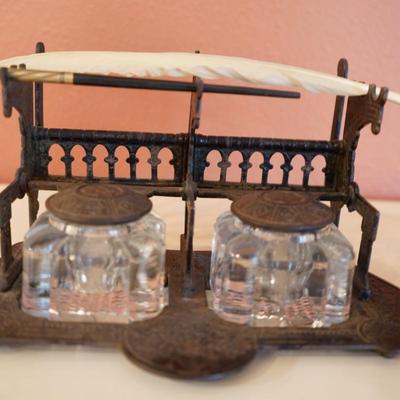 Antique Cast Iron Double Inkwell Desk Set