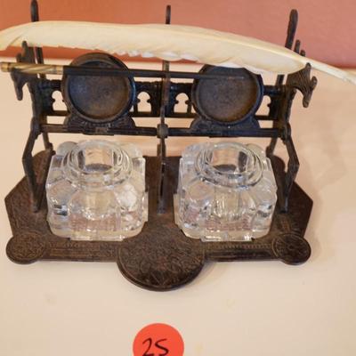 Antique Cast Iron Double Inkwell Desk Set