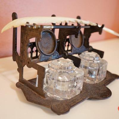 Antique Cast Iron Double Inkwell Desk Set