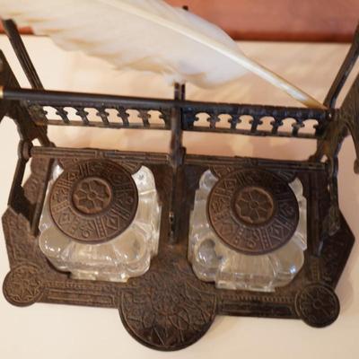 Antique Cast Iron Double Inkwell Desk Set