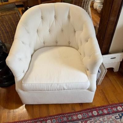 Dwellings White Tufted Sofa and Matching Swivel Armchair