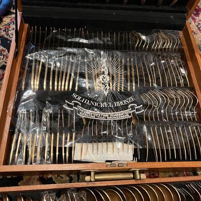 142 Pc. Vintage MCM VU Brass Flatware Set In Original Wood Box