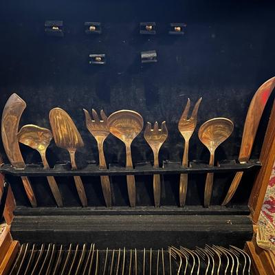 142 Pc. Vintage MCM VU Brass Flatware Set In Original Wood Box